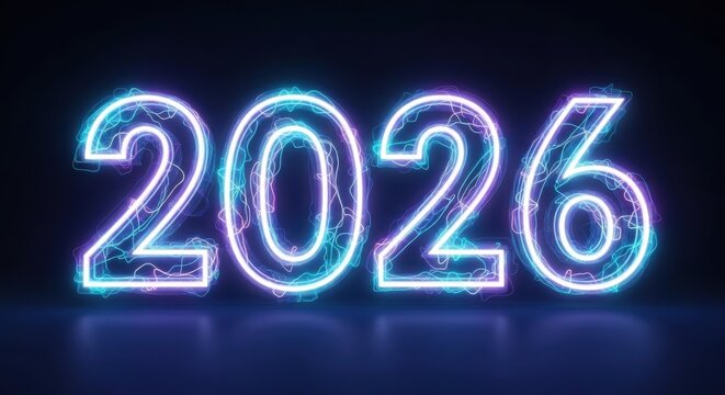 Electric 2026 new year countdown shining bright with modern neon glow on dark background perfect for futuristic designs and digital promotions