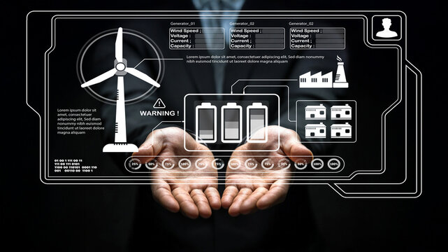 Hands Presenting Renewable Energy Concept with Wind Turbine, Battery Indicators, and Industrial Graphics for Sustainable Future and Technology Innovation - Powered by Adobe