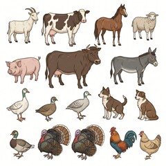 Fototapeta premium Assortment of farm animals including cows pig sheep goat horse donkey ducks turkeys rooster hen and dogs