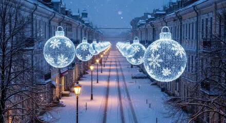 Magical Winter Evening with Giant Illuminated Ornaments Downtown