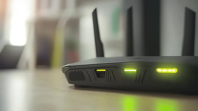 Modern wireless router with glowing green lights on a table.