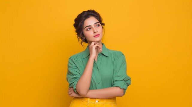 Young woman portrait studio yellow background green shirt pants thoughtful pose contemplative expression soft lighting hand chin vibrant composition