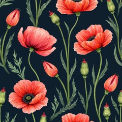Fototapeta premium Seamless pattern of red poppies, green leaves on dark blue background. Watercolor floral art, suitable for textile, cards, invitations, gift wrap designs. Botanical illustration style with natural