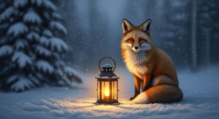 Peaceful fox with warm lantern in a snowy winter forest