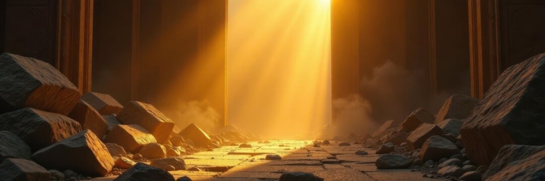 Golden rays bathe empty sepulchre, symbolizing new beginning , resurrection, eternal