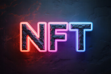 Glowing neon NFT letters on dark textured background, symbolizing blockchain-based digital assets, crypto art, and virtual ownership.
NFT Neon Sign Representing Digital Art Concept
