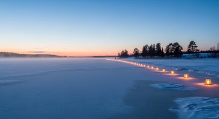 Lanterns Guiding Across a Frozen Lake at Twilight