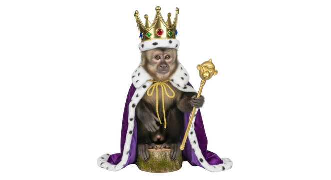 Monkey king figurine wearing crown and royal robe isolated PNG with Transparent Background