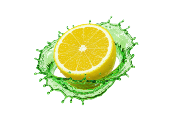 ultra photorealistic cgi half-cut lemon with wet textures impacting dense neon green liquid splash, macro perspective, sharp rim lighting, white studio background. concept for commercial dynamism