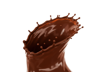 high-viscosity dark chocolate liquid forming a perfect crown splash, frozen mid-air against a seamless transparent background, hyper-realistic cgi rendering for luxurious appetite appeal