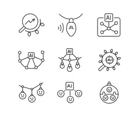 A set of vector icons representing AI-powered data analysis, sentiment tracking, and festive network technologies, created in line style with editable stroke