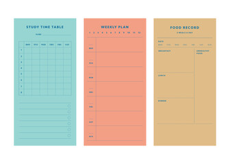 3 set study time table, weekly plan, food record planner. Start today!