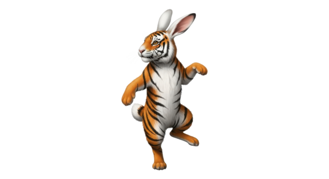 Cartoon tiger rabbit hybrid dancing isolated PNG with Transparent Background