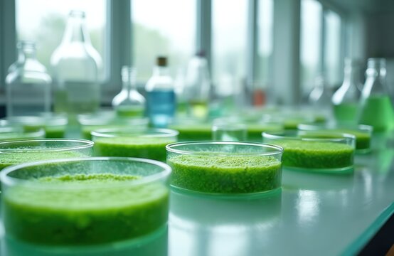 Green microalgae cultures grow in petri dishes on laboratory table. Scientists research algae for biofuel production and sustainable food sources. Medical and scientific equipment in background.