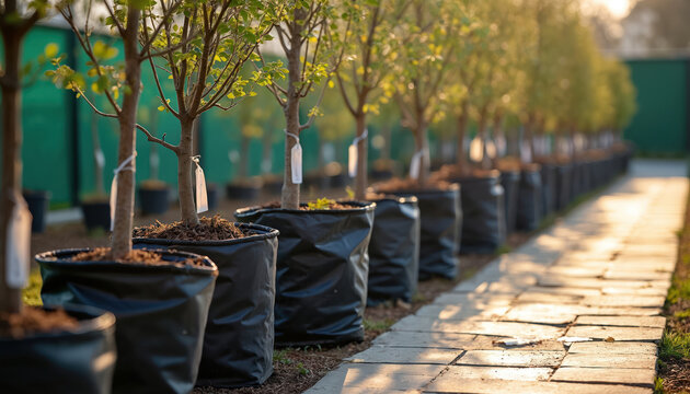 Young trees in black bags sit in neat rows along a stone path. A garden nursery shows saplings ready for planting. Plants and soft light create a peaceful mood. - Powered by Adobe