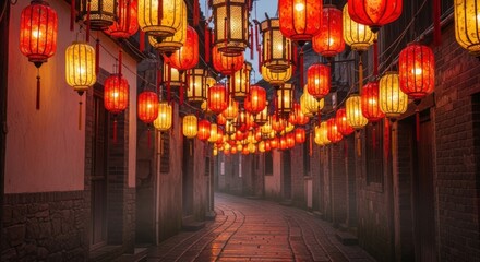 Vibrant Lanterns Adorn a Historic Alleyway at Night