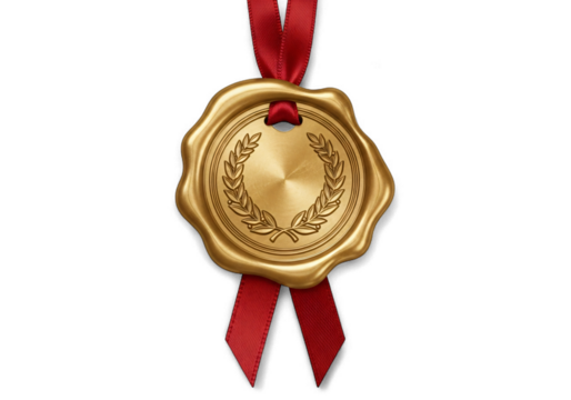 Celebrate excellence with this captivating gold wax seal and vibrant red ribbon, perfect for showcasing awards and achievements in elegant designs, adding a touch of prestige and honor