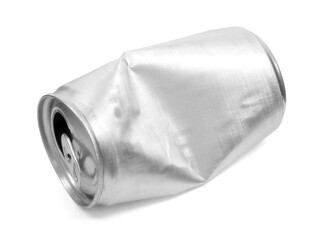 Crumpled empty blank aluminium can isolated on white background