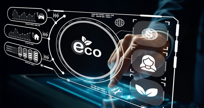 Futuristic digital interface showcasing eco-friendly technology concepts, sustainability metrics, and financial growth solutions for a greener future.