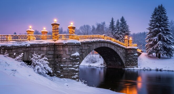 Picturesque stone bridge glowing with lights in winter
