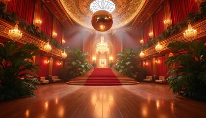 Elegant ballroom interior with disco ball hanging from gold ceiling. Grand staircase with red carpet leads to wooden dance floor. Empty luxury hall ready for party, wedding reception, special event.