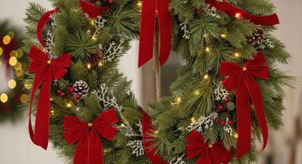 Beautiful Christmas wreath adorned with red bows and lights