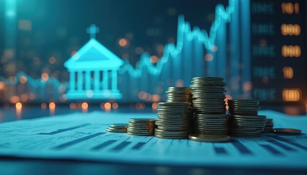 Stacks of coins on financial documents. Graphs and charts in background. Bank building icon. Investment and growth concept. Financial data on screen. Money and economy.