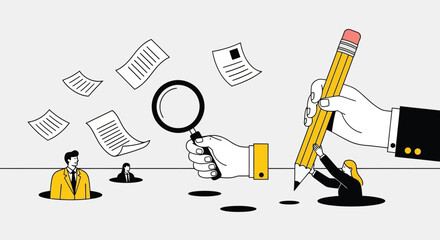 Conceptual illustration of business analysis and writing with hands holding magnifying glass and pencil amidst papers