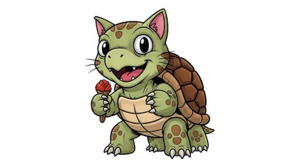 Obraz premium Cartoon turtle cat hybrid holding a lollipop isolated PNG with Transparent Background