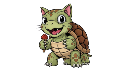 Cartoon turtle cat hybrid holding a lollipop isolated PNG with Transparent Background