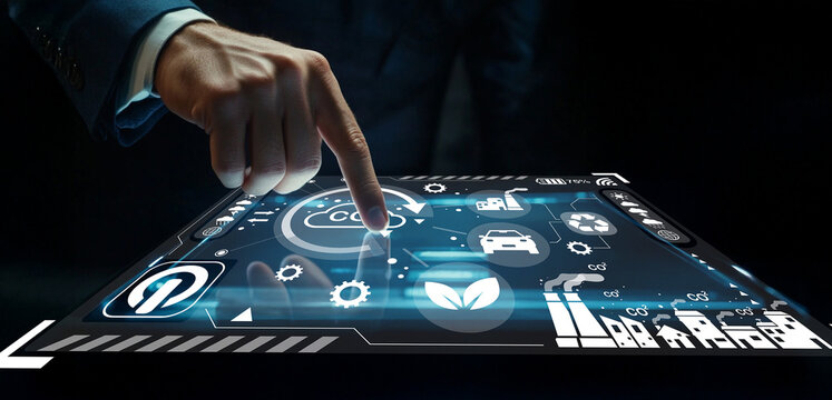 Futuristic Touchscreen Interface with Icons of Technology, Nature, and Innovation in Business, Industry, and Environment Exploration