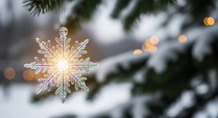 Sparkling snowflake ornament reflecting light on a snowy evergreen branch for winter holidays, adding a magical touch to seasonal designs