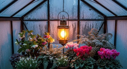 Warm Lantern Light Illuminates Plants Inside a Rainy Greenhouse