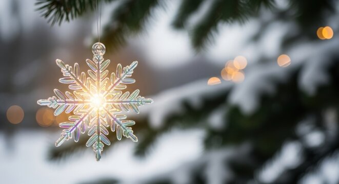 Sparkling snowflake ornament reflecting light on a snowy evergreen branch for winter holidays, adding a magical touch to seasonal designs