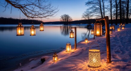 Magical Lanterns Illuminating a Snowy Lakeside Evening