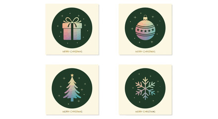 Collection of four festive circular Christmas icons with gradient colors, featuring a gift, ornament, tree, and snowflake