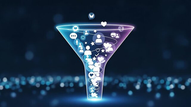 Futuristic Digital Marketing Sales Funnel Filtering Social Media Icons.