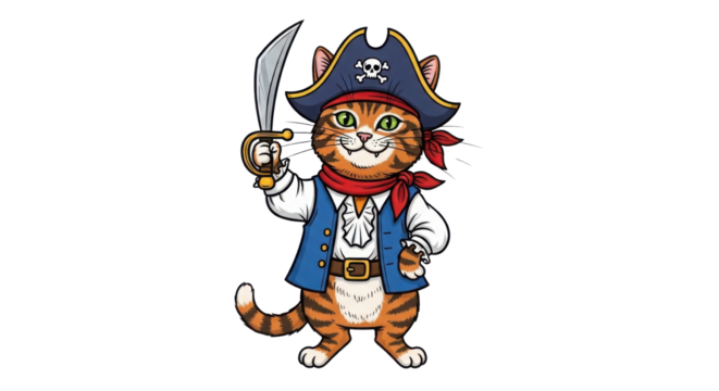 Cartoon cat dressed as a pirate holding a sword isolated PNG with Transparent Background - Powered by Adobe