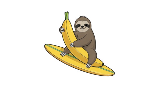 Sloth surfing on banana peel isolated PNG with Transparent Background - Powered by Adobe