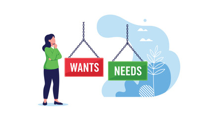 Thoughtful businesswoman considers wants versus needs in business decisions, financial planning, and strategic prioritization for success