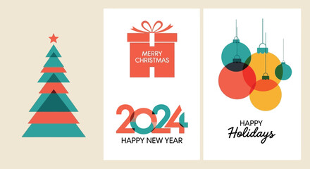 Minimalist Christmas and New Year Holiday Card Designs Festive Vector Art for 2024 Celebrations