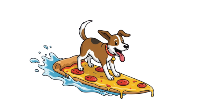 Dog surfing on pizza isolated PNG with Transparent Background
