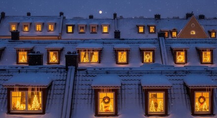 Festive glow from windows on a snowy building
