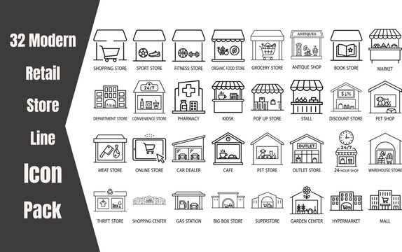 32 Minimalist Retail Store Line Icons Set &ndash; Outline Shopping & Business Vector Collection
