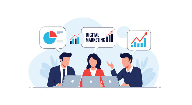 Dynamic digital marketing team collaborating on growth strategies with laptops, driving results and achieving success in modern business - Powered by Adobe