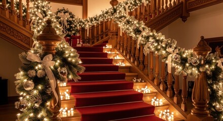 Elegant staircase adorned with festive Christmas lights and decorations creating a warm, inviting holiday ambiance for a luxury home or cozy winter scene