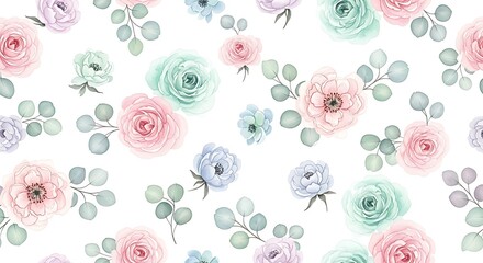 Delicate watercolor floral pattern with soft pastel roses and eucalyptus leaves creating a romantic and elegant seamless background for design and decoration