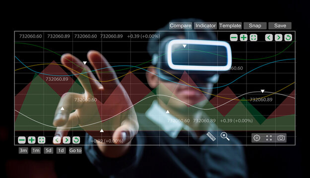 A person interacting with a virtual interface while wearing VR headset, showcasing data visualization in a high-tech environment with graphs and statistics.