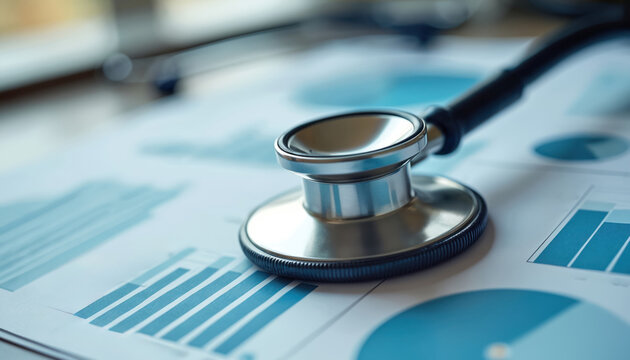 Stethoscope rests on graphs and charts showing healthcare data analysis. Medical research and statistics inform public health decisions and disease prevention.