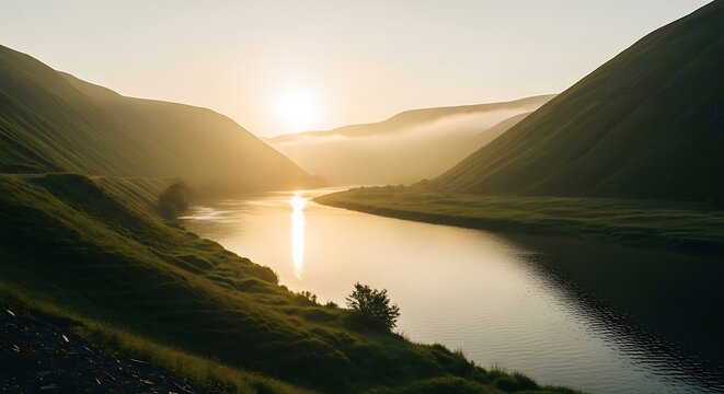 Serene golden sunrise casting a warm glow over a winding river valley with misty mountains and lush green hillsides bathed in soft morning light
